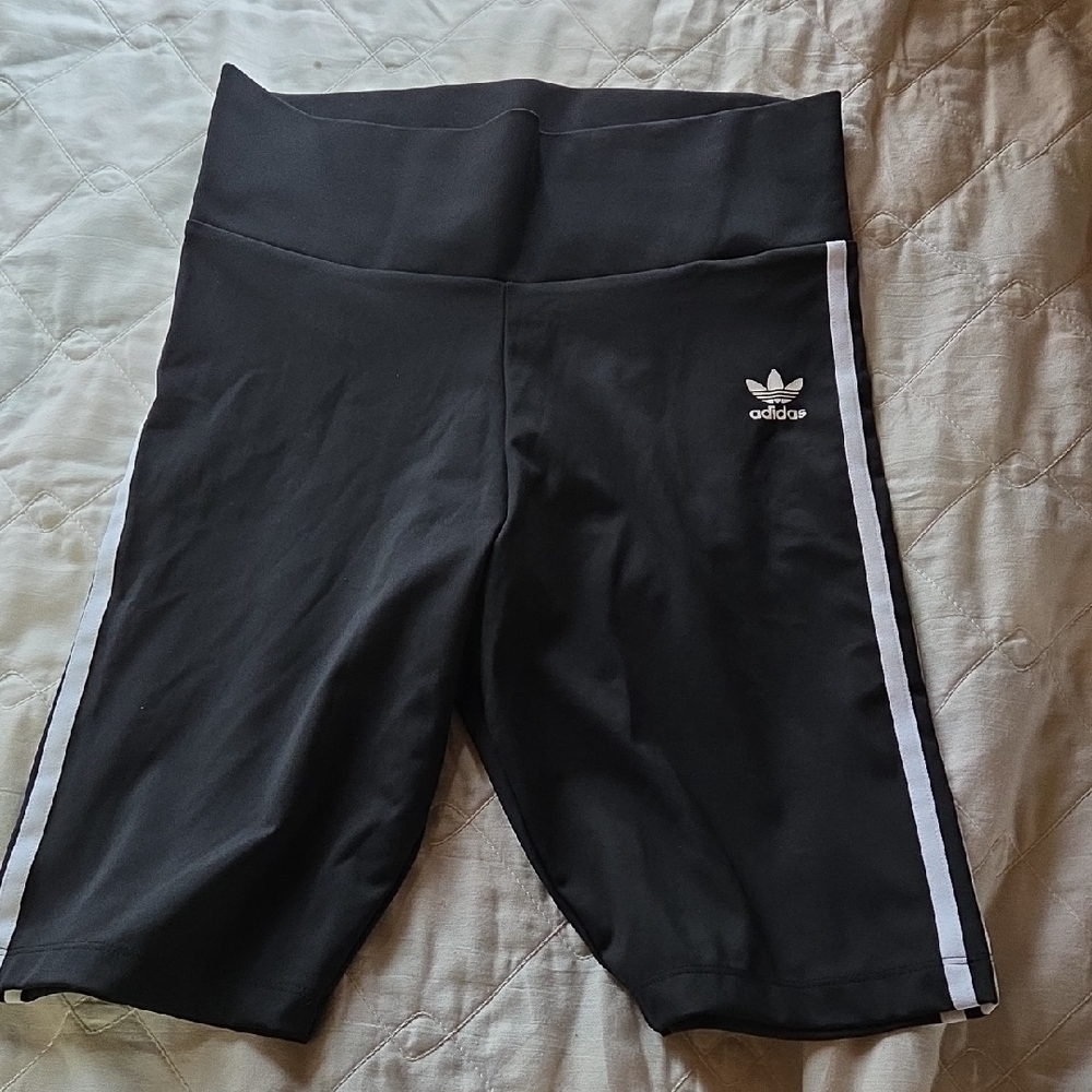 Adidas Womens Tight Black Shorts with White Stripes  Med - Picture 2 of 11
